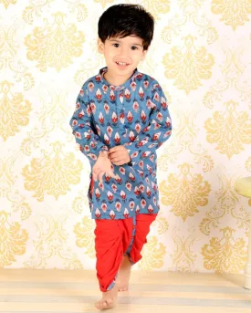 Blue Block Print and Colored Dhoti Kurta Boys Set