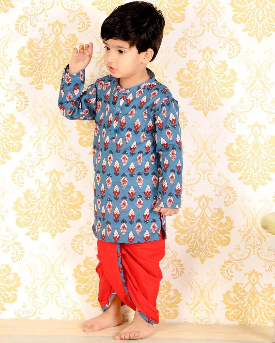 Blue Block Print and Colored Dhoti Kurta Boys Set