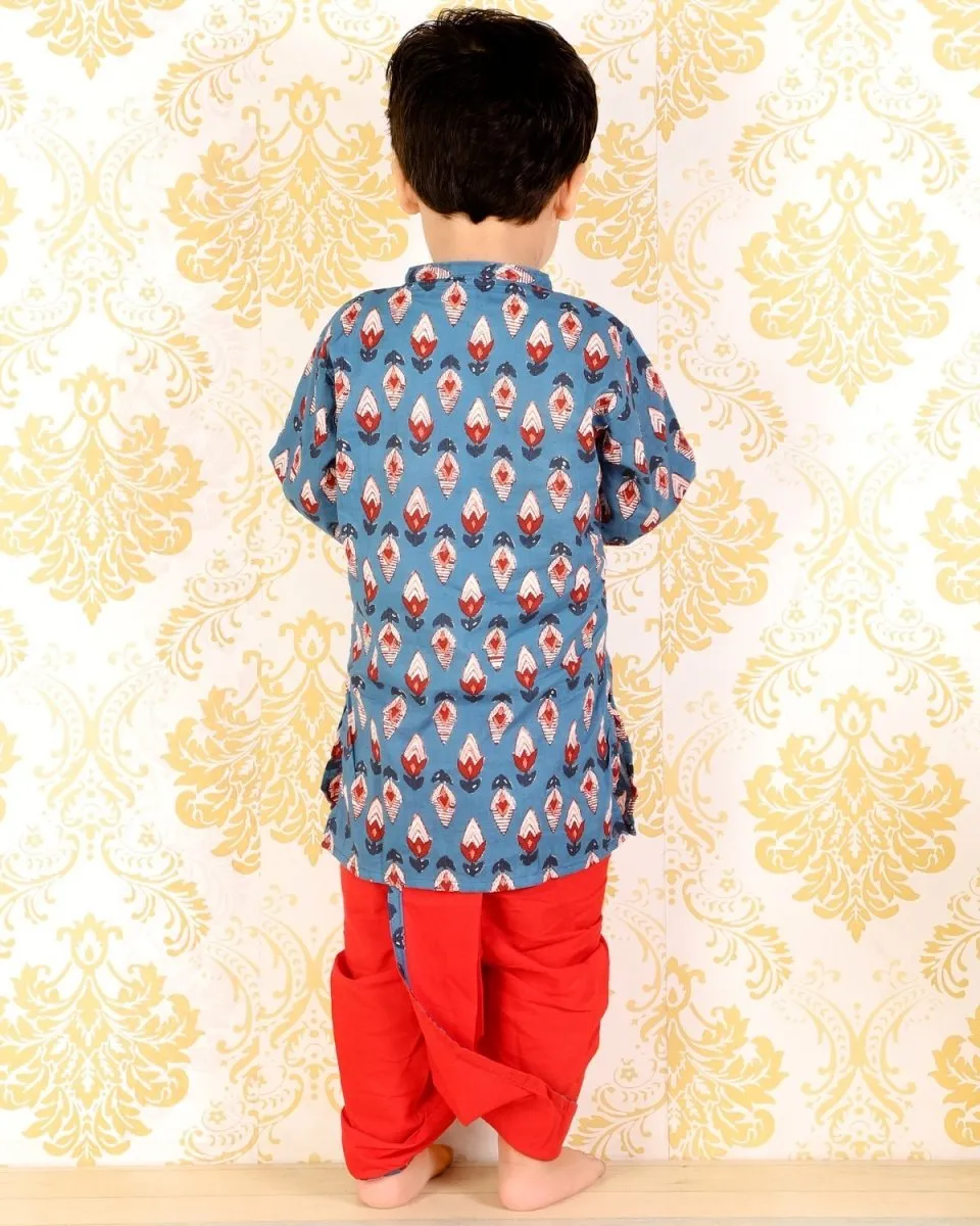 Blue Block Print and Colored Dhoti Kurta Boys Set