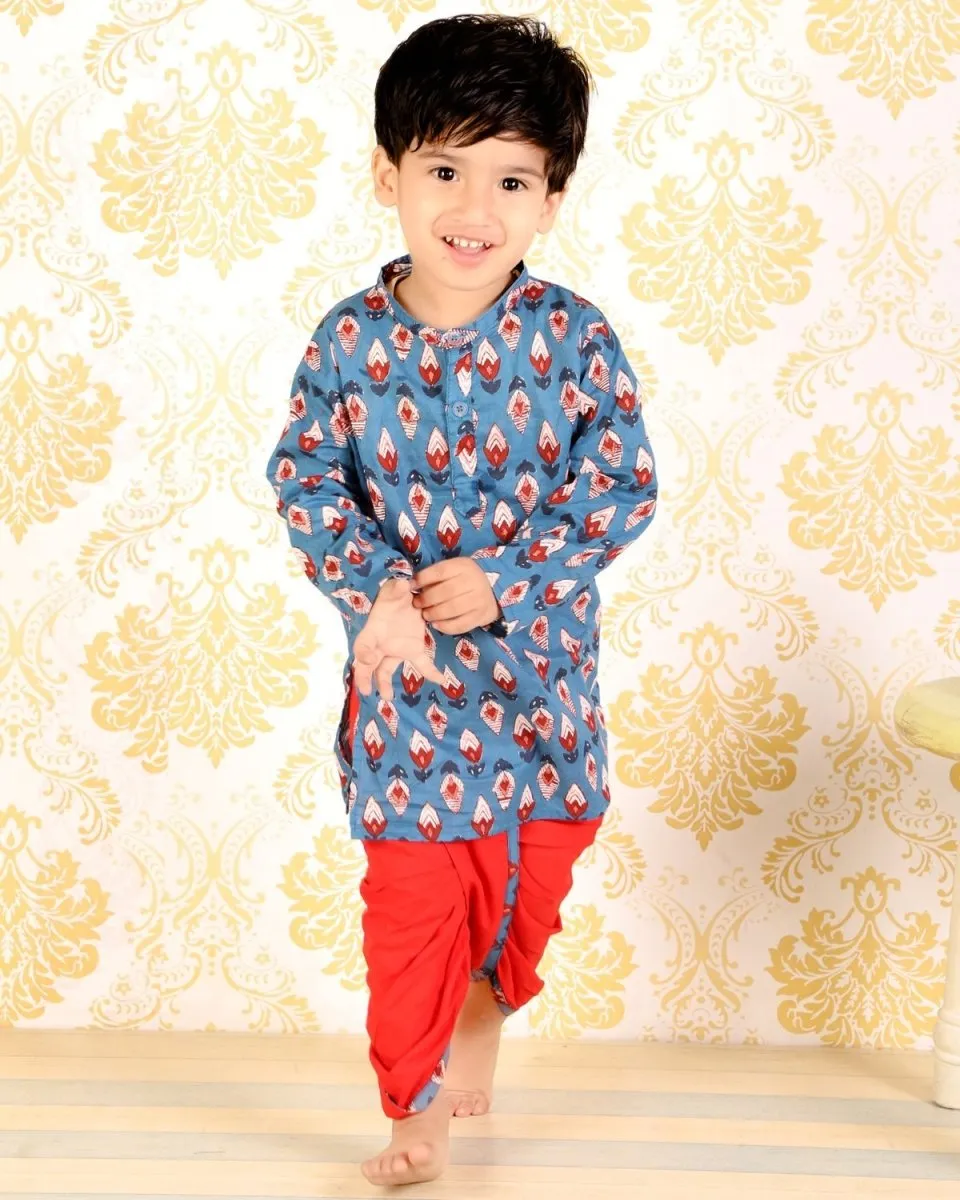 Blue Block Print and Colored Dhoti Kurta Boys Set