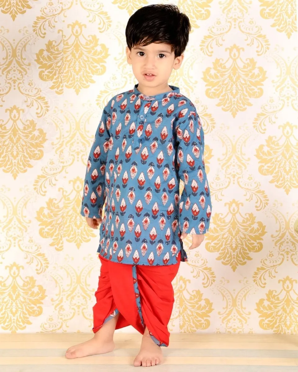 Blue Block Print and Colored Dhoti Kurta Boys Set