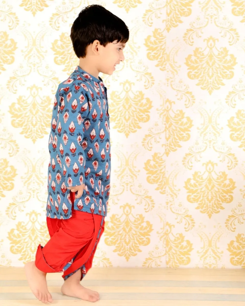 Blue Block Print and Colored Dhoti Kurta Boys Set