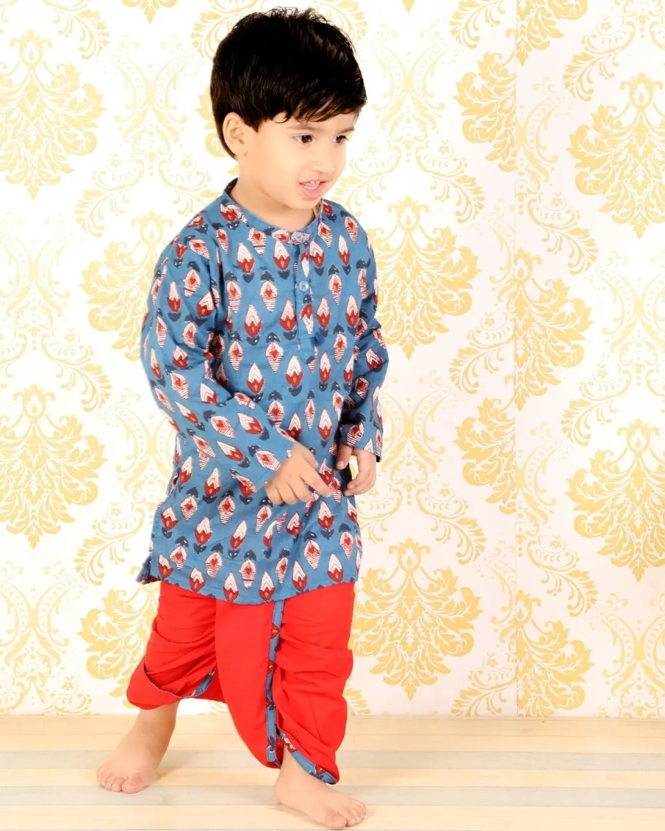 Blue Block Print and Colored Dhoti Kurta Boys Set