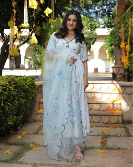 Blue Blossom Handpainted Cotton Silk Suit Set