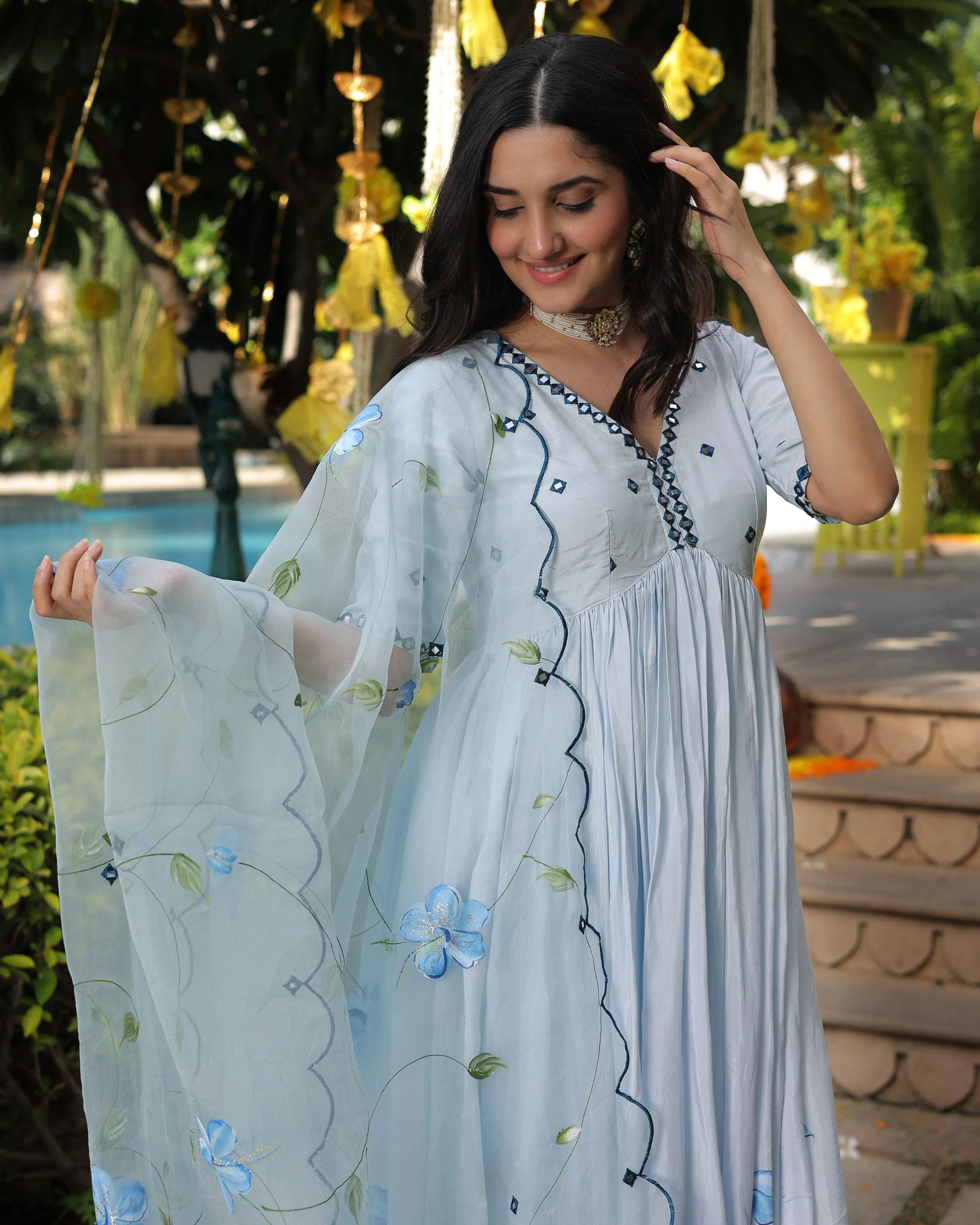 Blue Blossom Handpainted Cotton Silk Suit Set