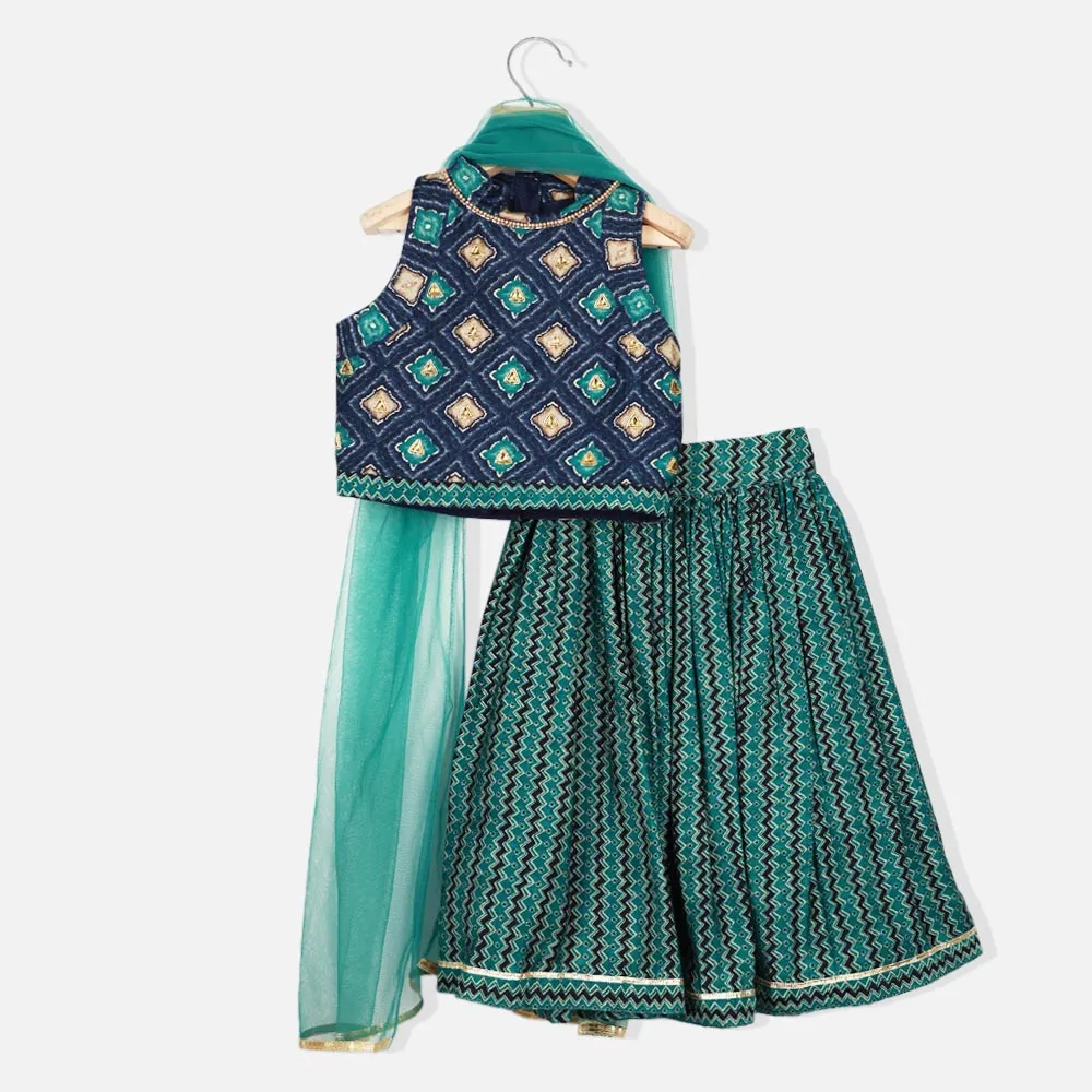 Blue Embellished Choli With Green Chevron Lehenga & Dupatta