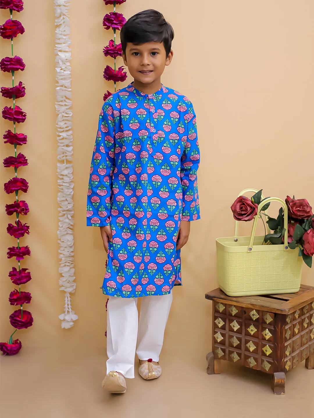 Blue Royale Boys Floral Print Jacket And Kurta Pajama Set