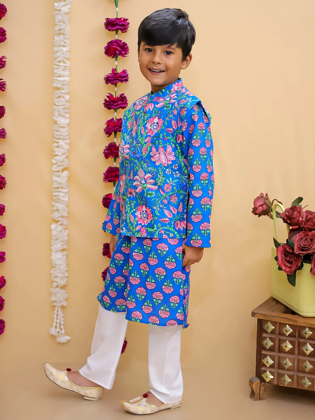 Blue Royale Boys Floral Print Jacket And Kurta Pajama Set