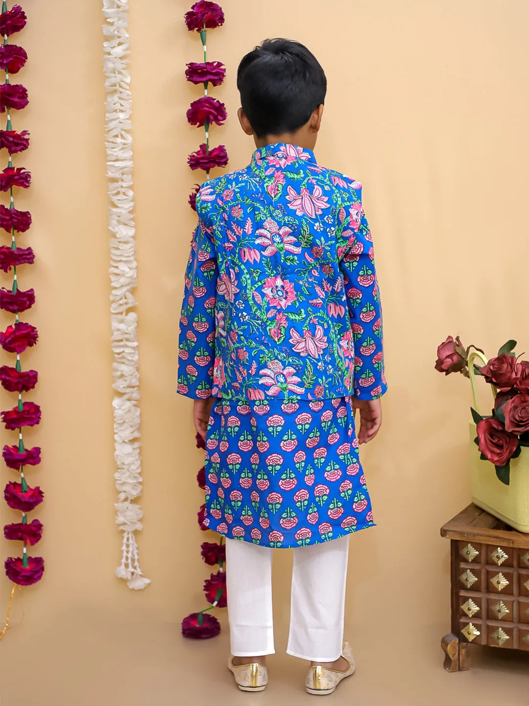 Blue Royale Boys Floral Print Jacket And Kurta Pajama Set