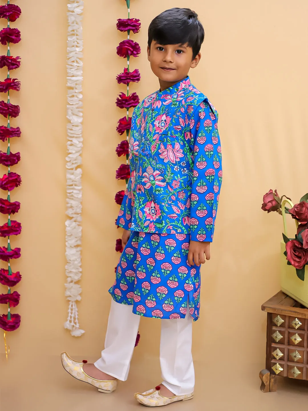 Blue Royale Boys Floral Print Jacket And Kurta Pajama Set