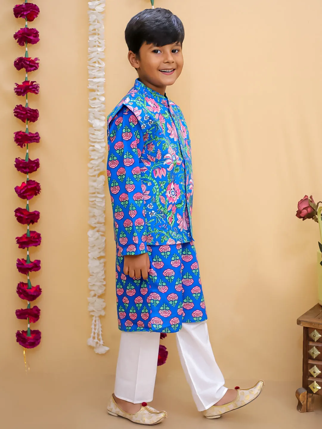 Blue Royale Boys Floral Print Jacket And Kurta Pajama Set