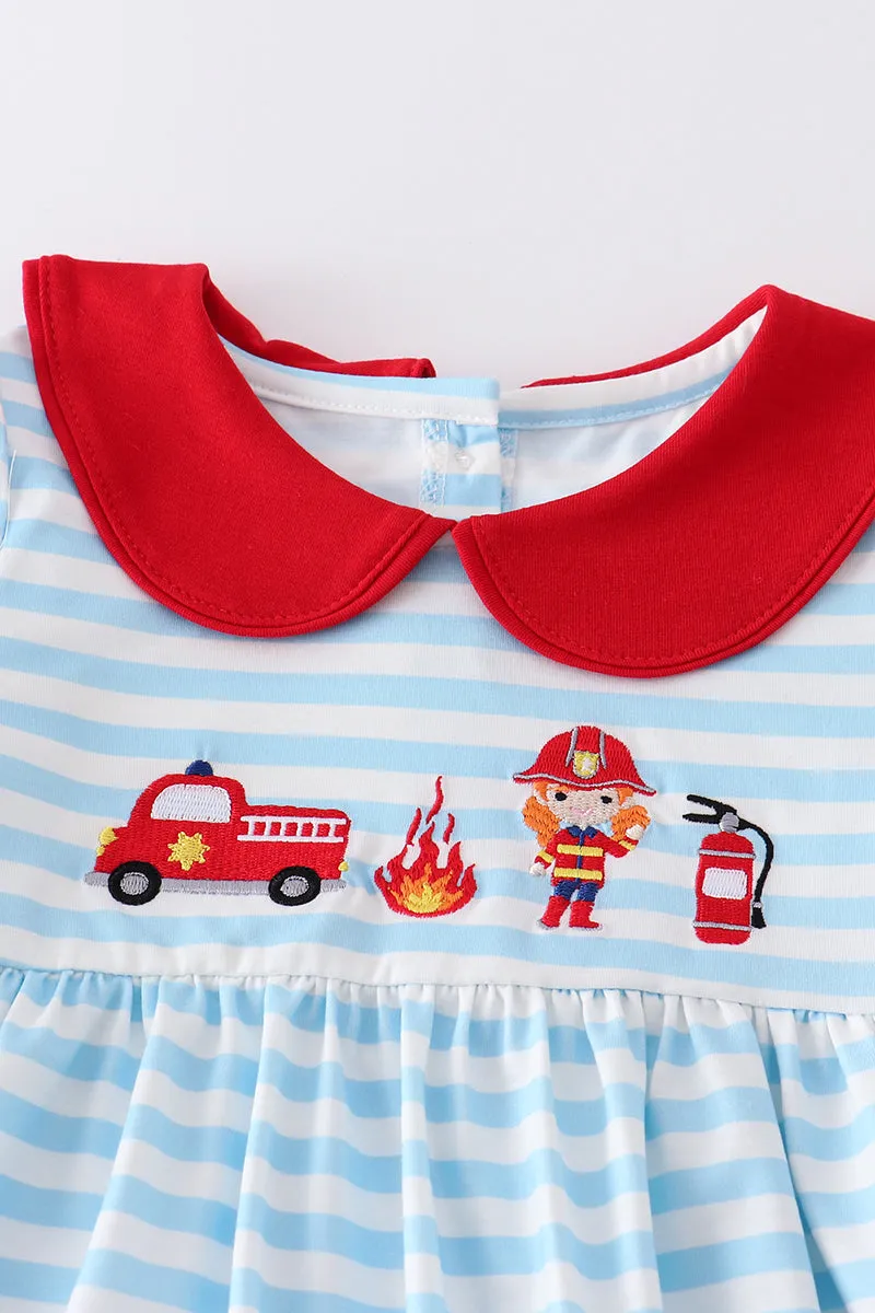 Blue stripe fire engine embroidery girl set