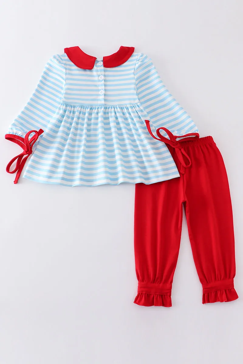 Blue stripe fire engine embroidery girl set