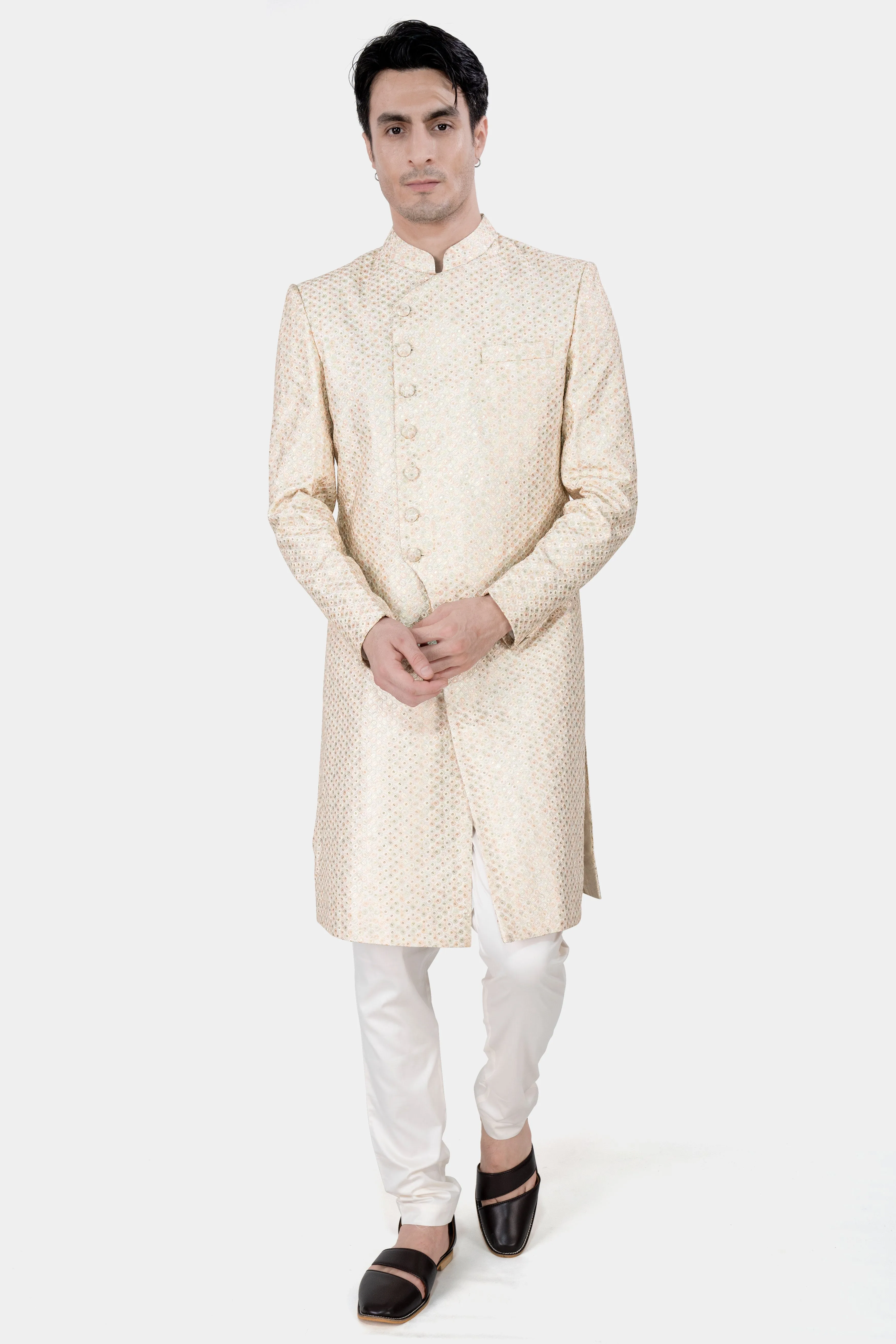 Bone Cream Embroidered with Sequins Work Sherwani with Kurta and Pajama Set