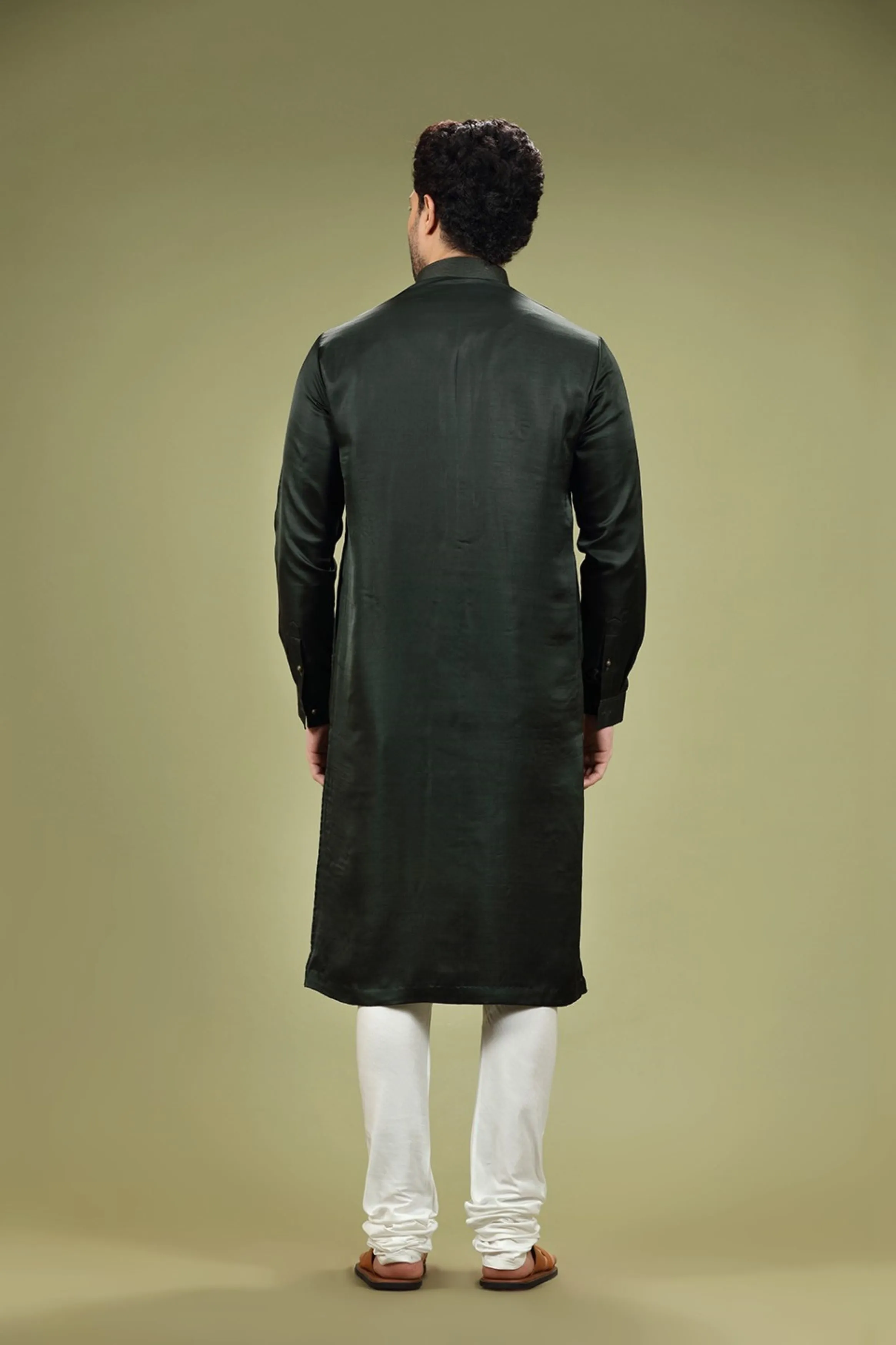 Bottle Green Solid Linen Kurta Set Designed by Kora (Nilesh Mitesh)