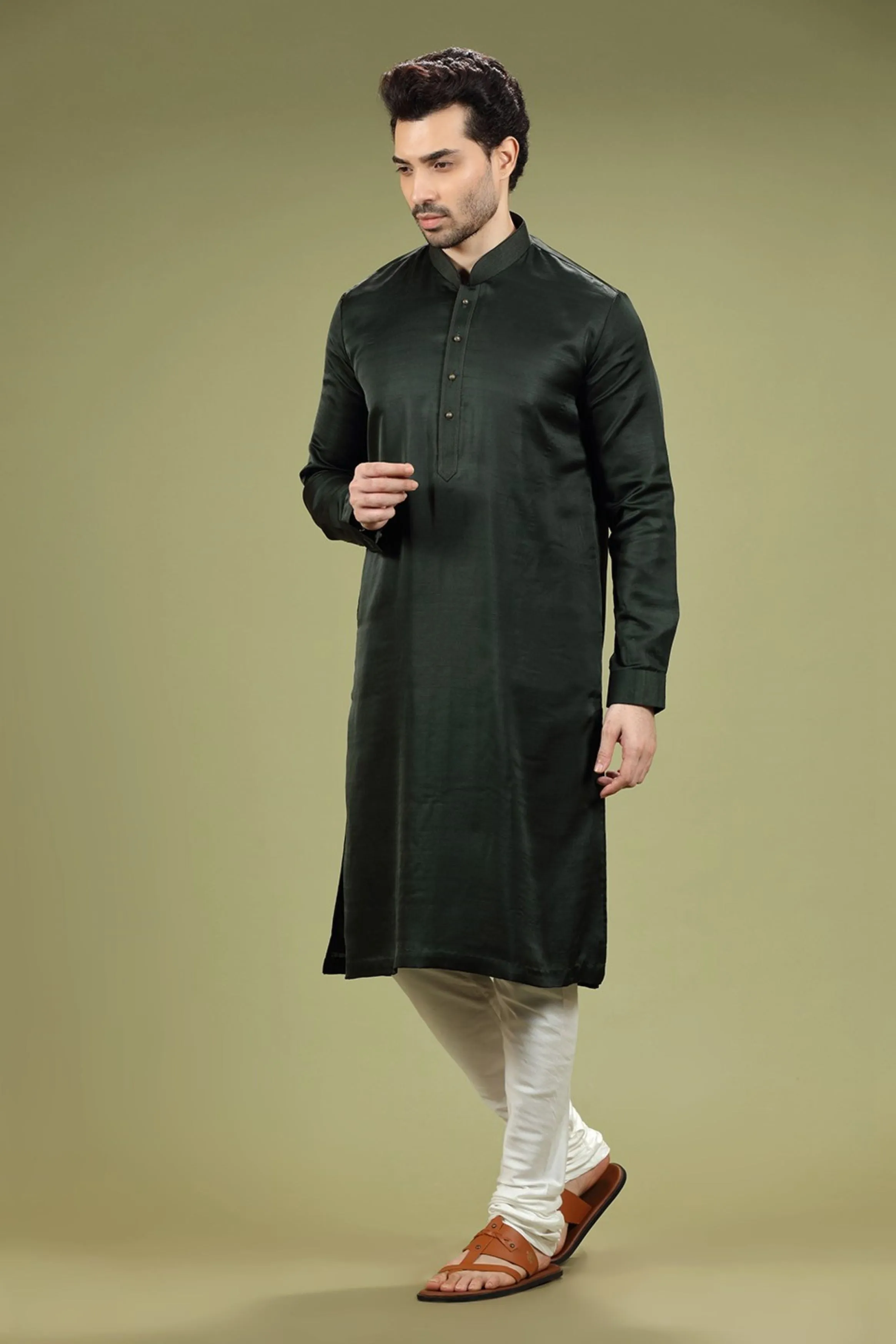 Bottle Green Solid Linen Kurta Set Designed by Kora (Nilesh Mitesh)