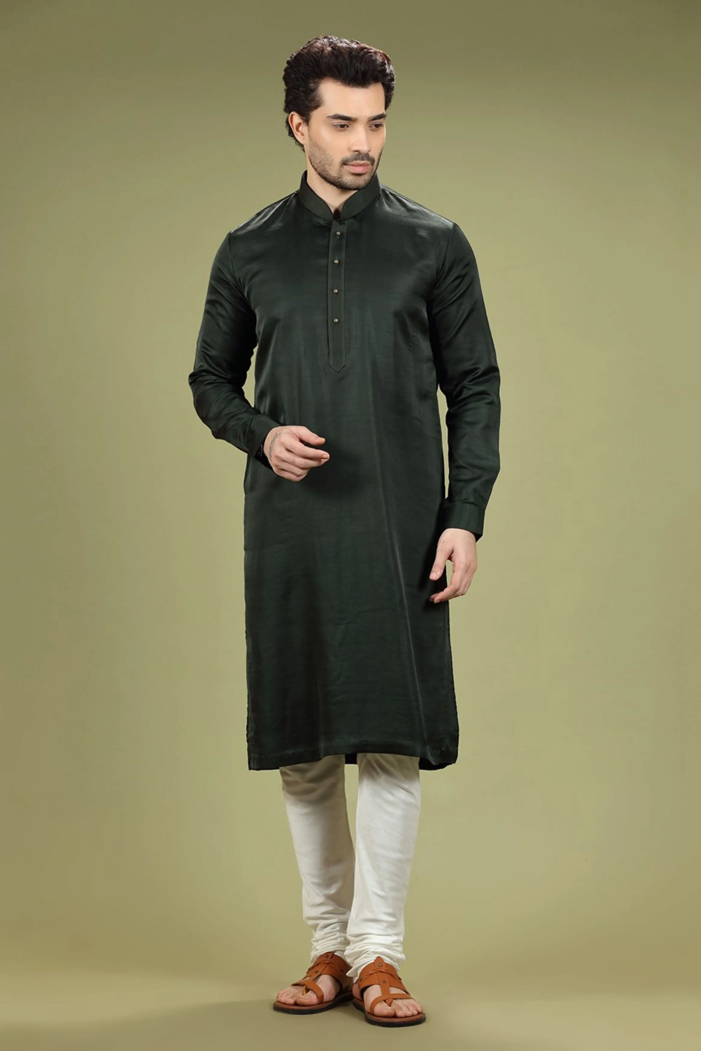 Bottle Green Solid Linen Kurta Set Designed by Kora (Nilesh Mitesh)