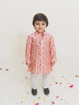 Boys Pink Handblock Printed Chanderi Kurta Pajama Set (Set of 2)