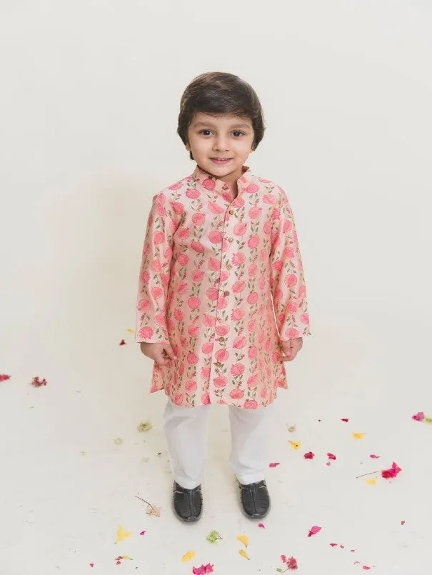 Boys Pink Handblock Printed Chanderi Kurta Pajama Set (Set of 2)