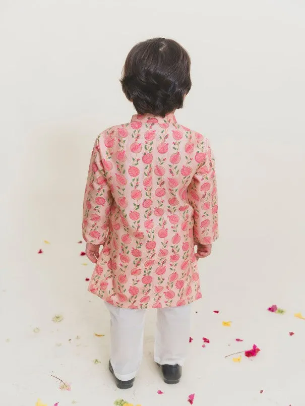 Boys Pink Handblock Printed Chanderi Kurta Pajama Set (Set of 2)