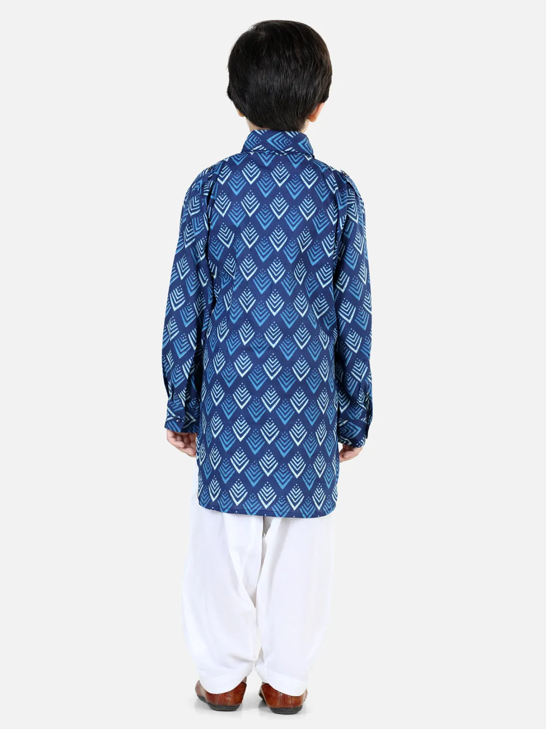 Boys Printed Cotton Full Sleeve Pathani Salwar Set - Blue