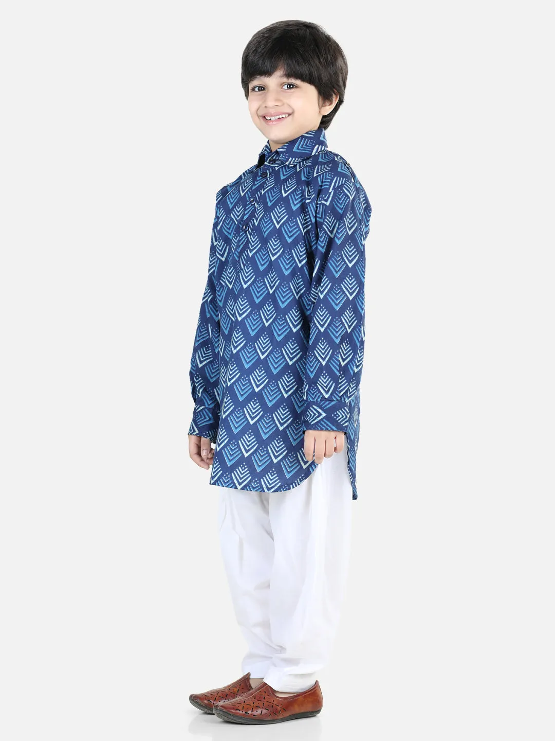 Boys Printed Cotton Full Sleeve Pathani Salwar Set - Blue