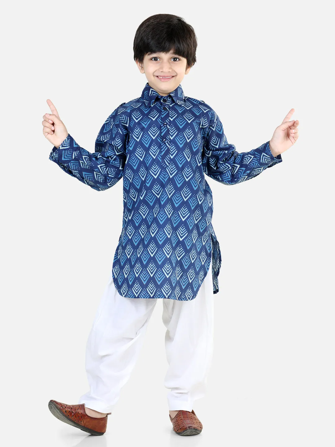 Boys Printed Cotton Full Sleeve Pathani Salwar Set - Blue