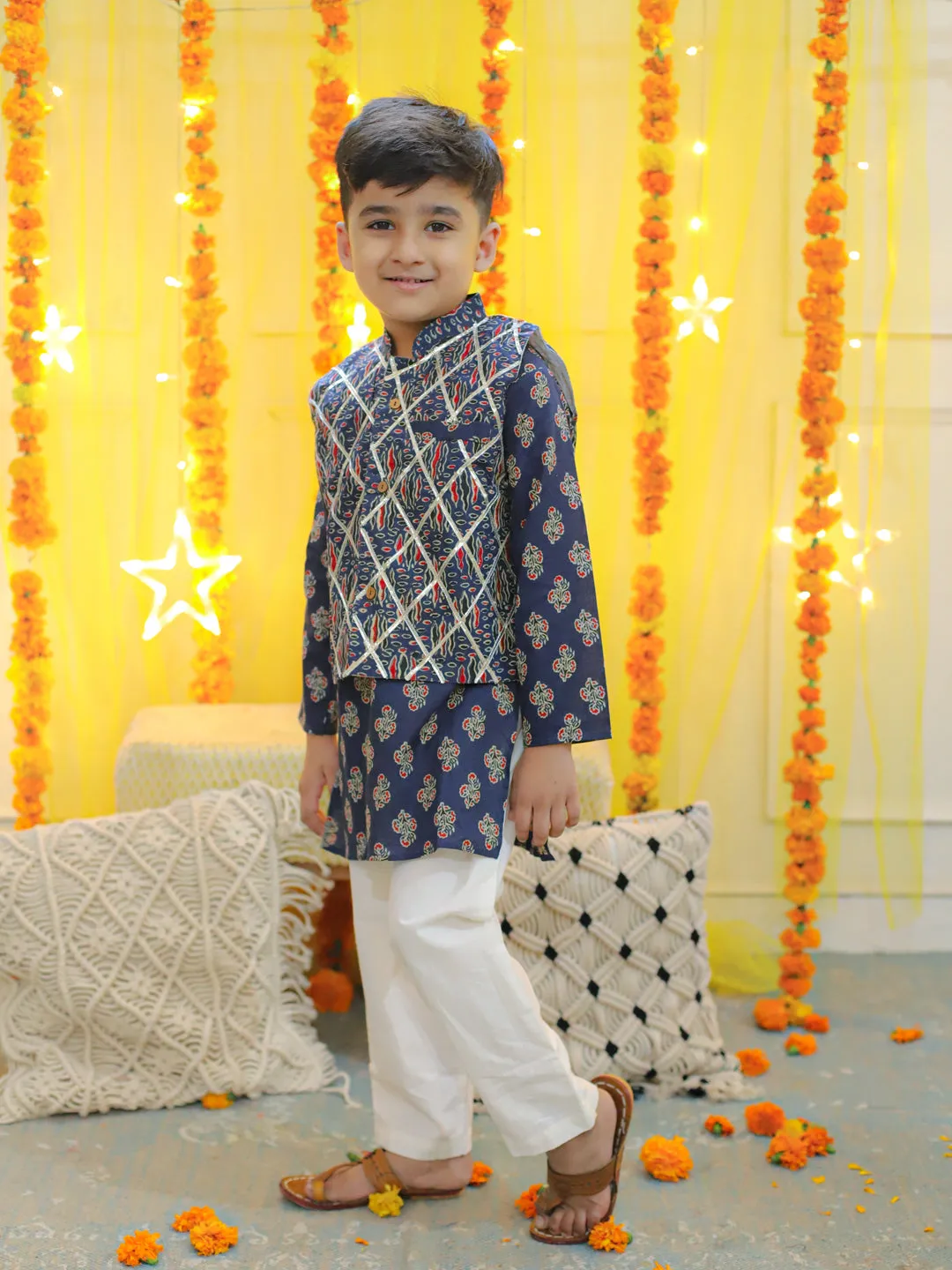 Boys  Pure Cotton Printed Kurta Pajama With Jacket - Blue