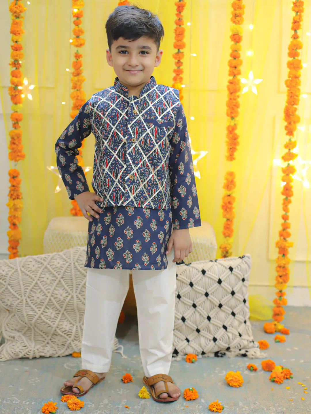 Boys  Pure Cotton Printed Kurta Pajama With Jacket - Blue