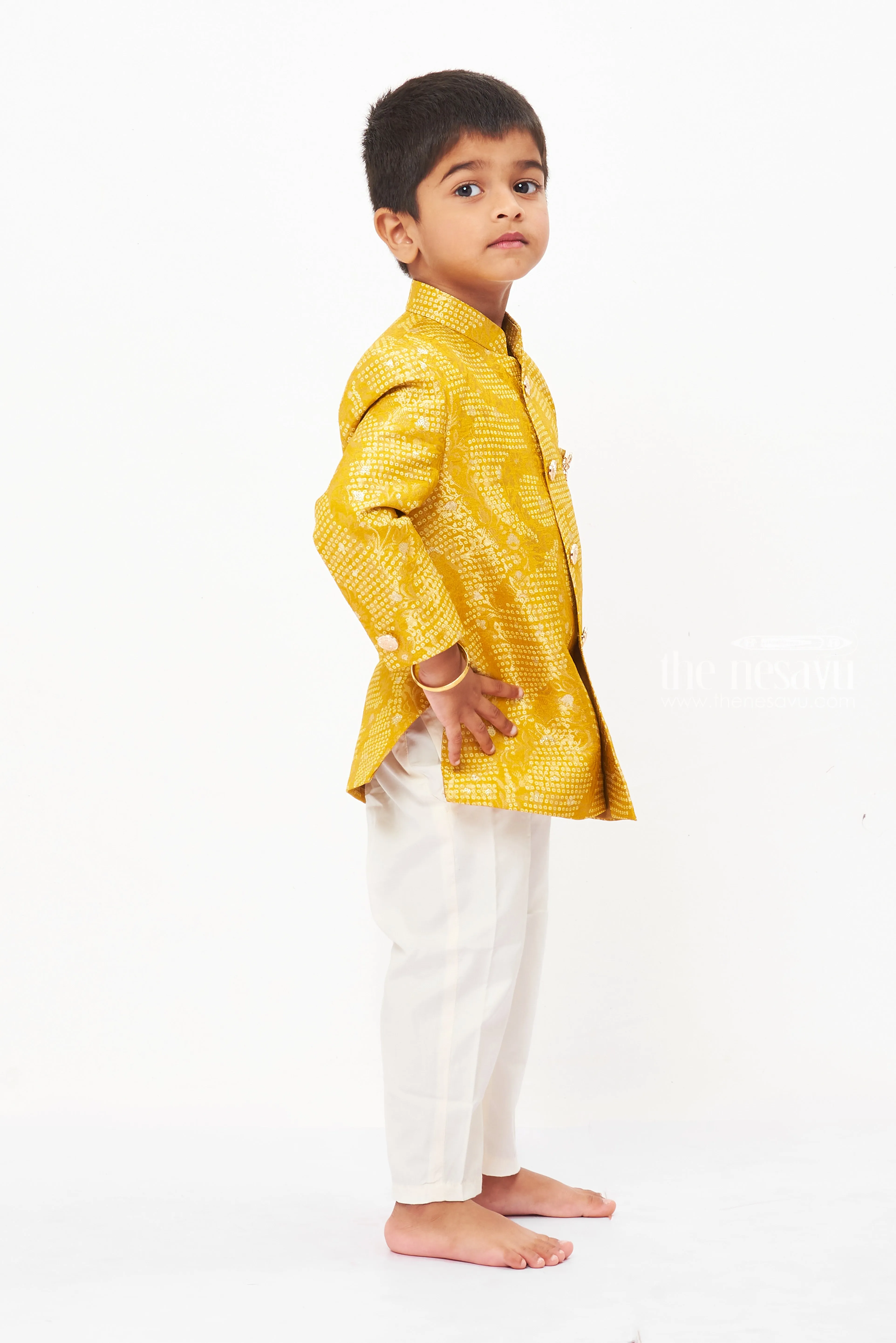 Boys Traditional Gold Jacquard Kurta Pajama Set