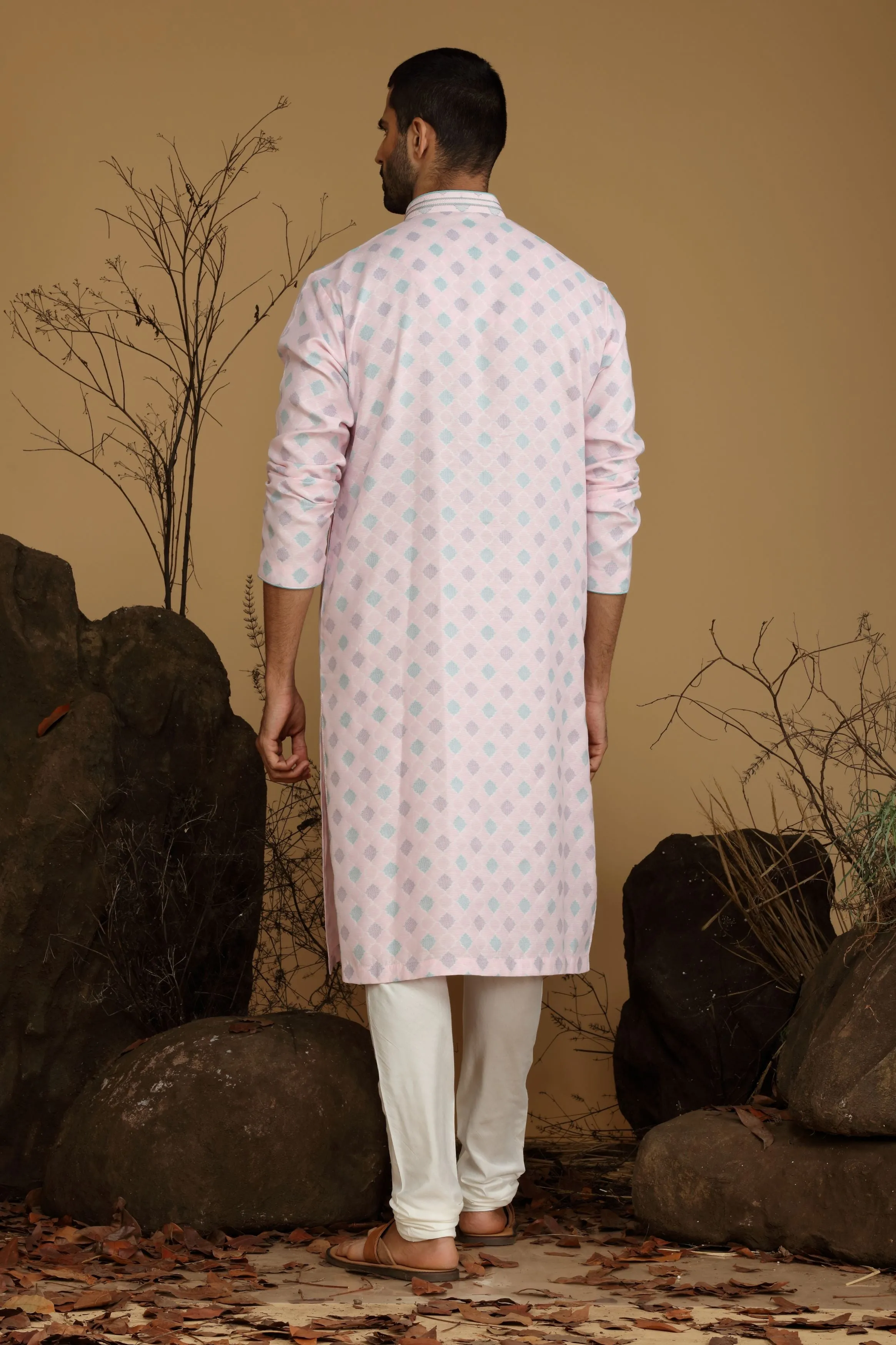 Bright Pink Printed Silk Kurta Set  Designed by Kora (Nilesh Mitesh)