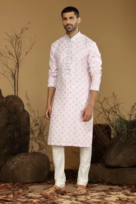 Bright Pink Printed Silk Kurta Set  Designed by Kora (Nilesh Mitesh)