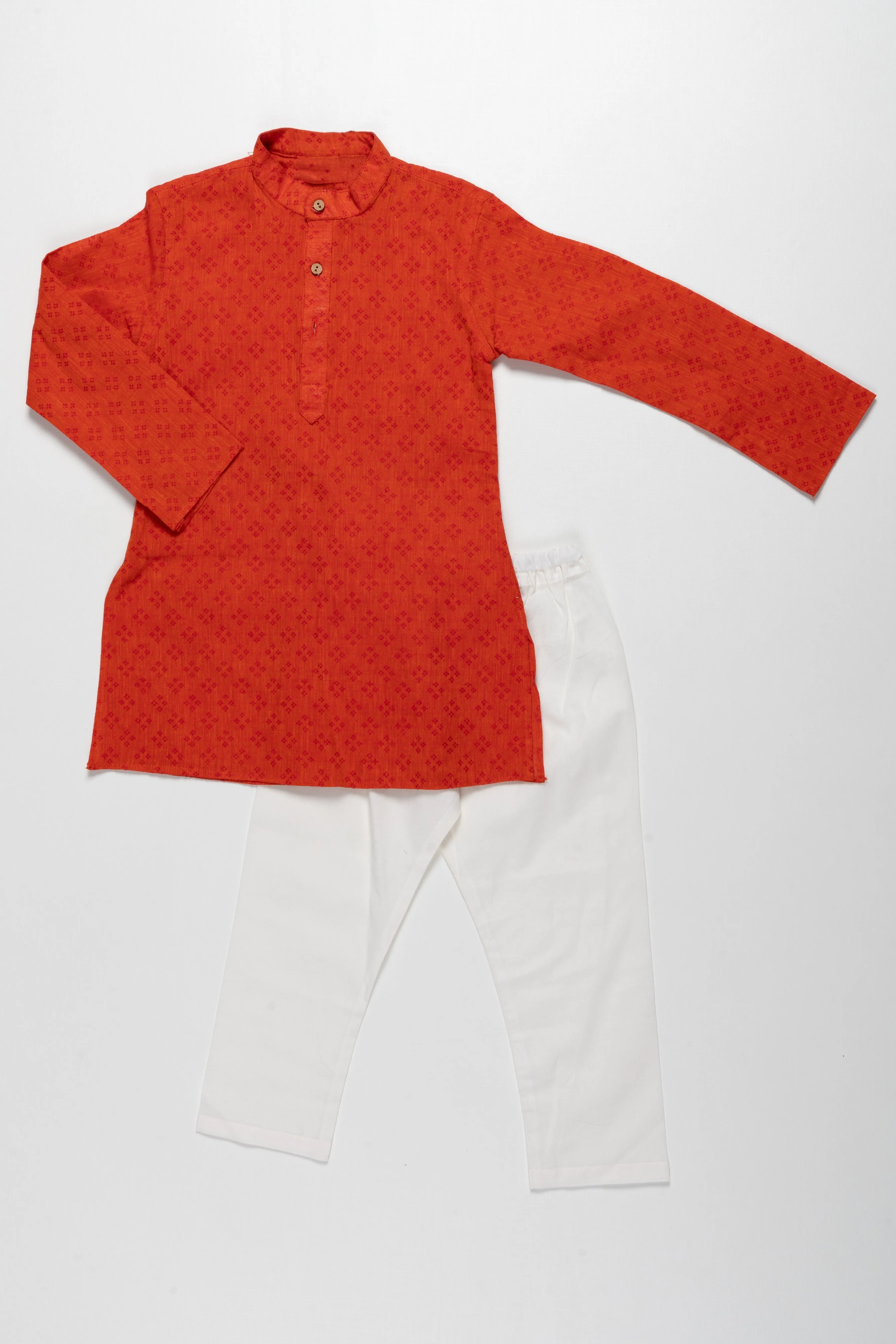 Bright Red Printed Kurta with White Pajama Set for Kids - Elegant Traditional Wear