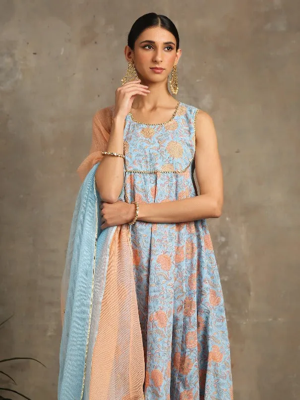 Brijeshwari- Ambar Blue Peach Cotton Printed Salwar Suit