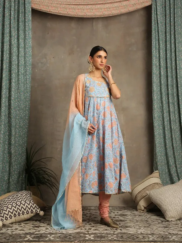 Brijeshwari- Ambar Blue Peach Cotton Printed Salwar Suit