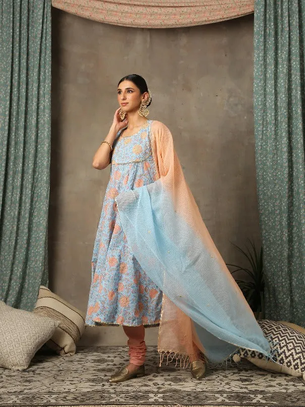 Brijeshwari- Ambar Blue Peach Cotton Printed Salwar Suit