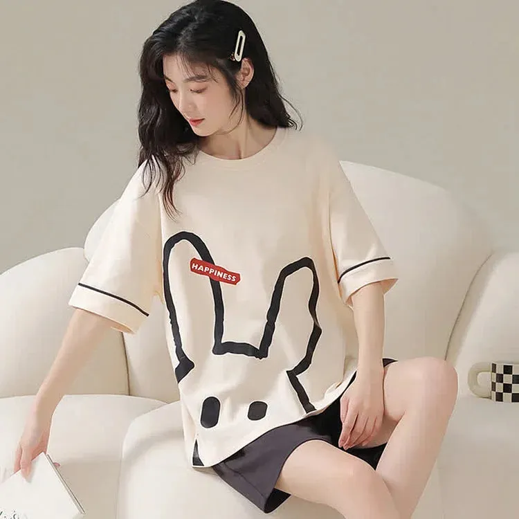 Bunny Letter Print Summer Cotton Pajamas Set