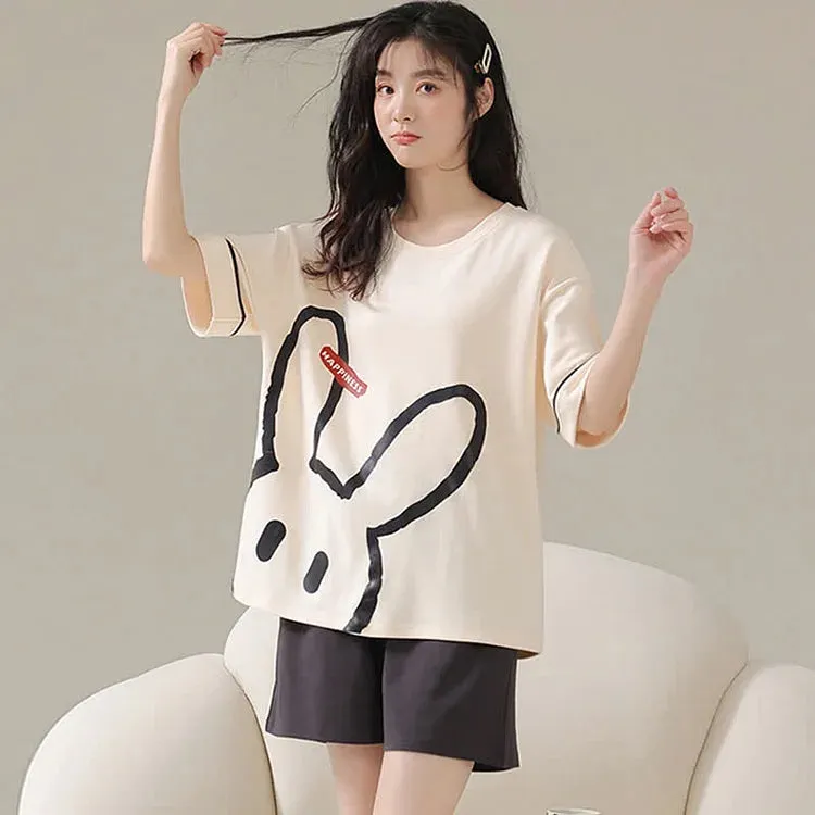 Bunny Letter Print Summer Cotton Pajamas Set