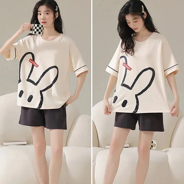 Bunny Letter Print Summer Cotton Pajamas Set