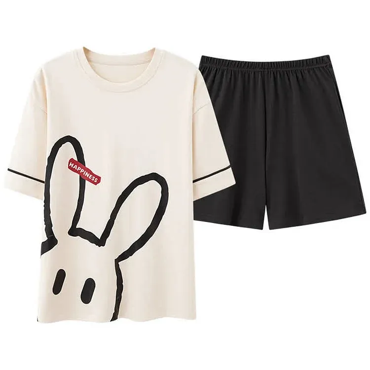 Bunny Letter Print Summer Cotton Pajamas Set