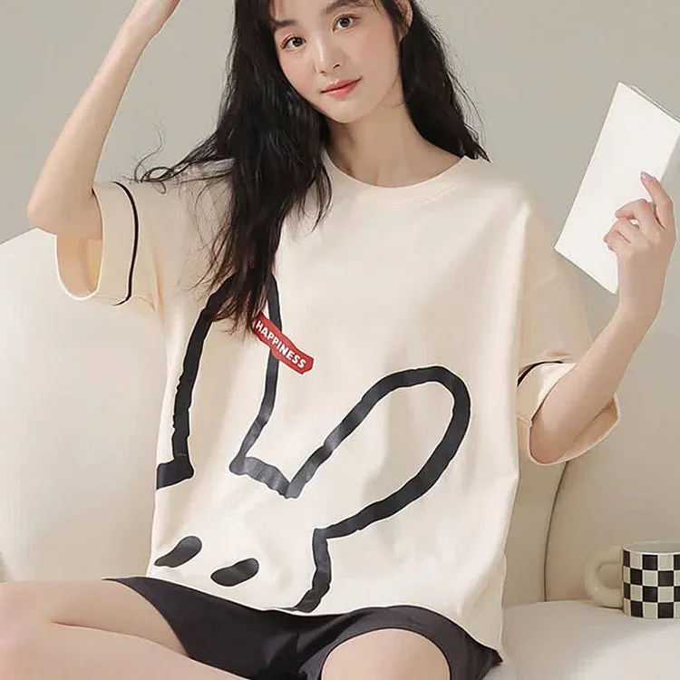 Bunny Letter Print Summer Cotton Pajamas Set