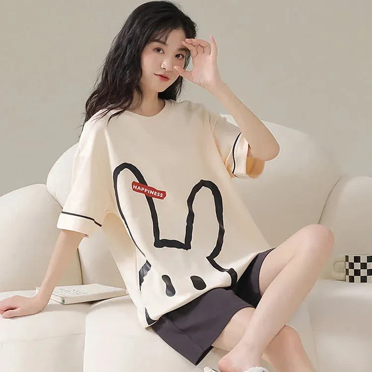 Bunny Letter Print Summer Cotton Pajamas Set