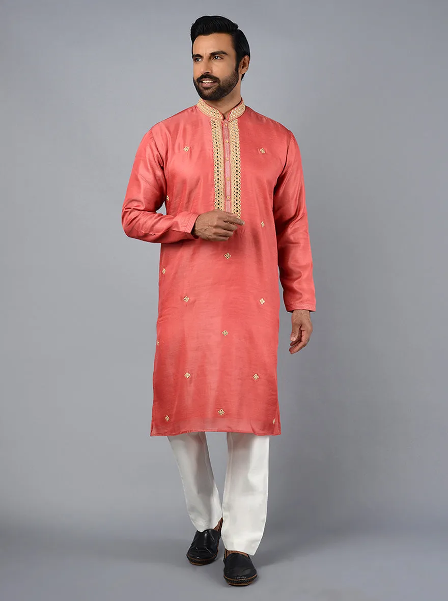 Carrot Red Embroidered Regular Fit Kurta Pajama | TULA