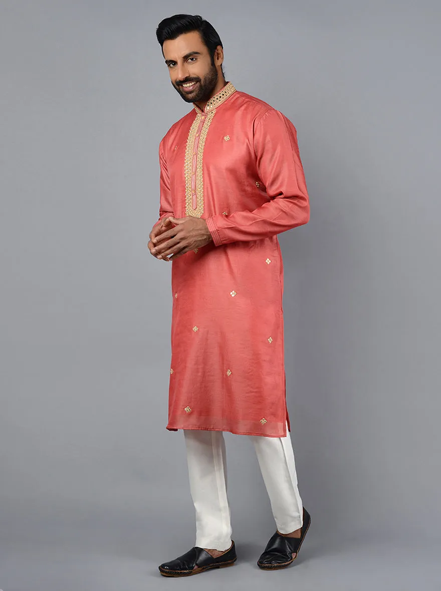 Carrot Red Embroidered Regular Fit Kurta Pajama | TULA