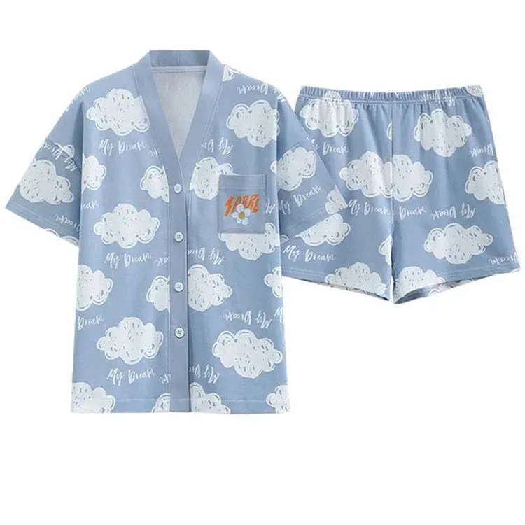 Cartoon Bear Cloud Letter Print Home Pajamas Set