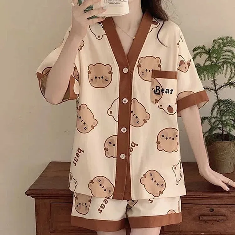 Cartoon Bear Cloud Letter Print Home Pajamas Set