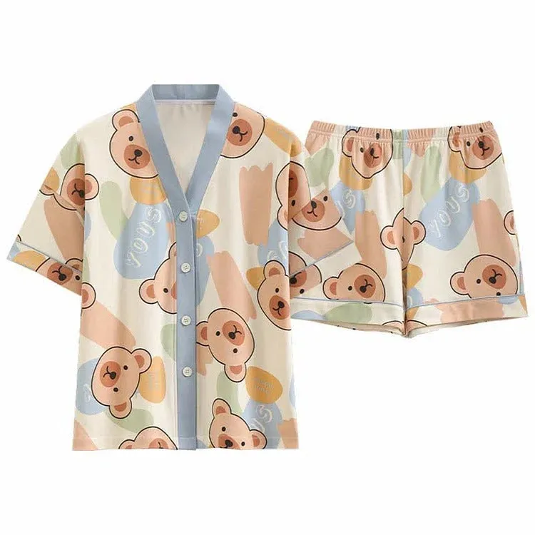 Cartoon Bear Cloud Letter Print Home Pajamas Set