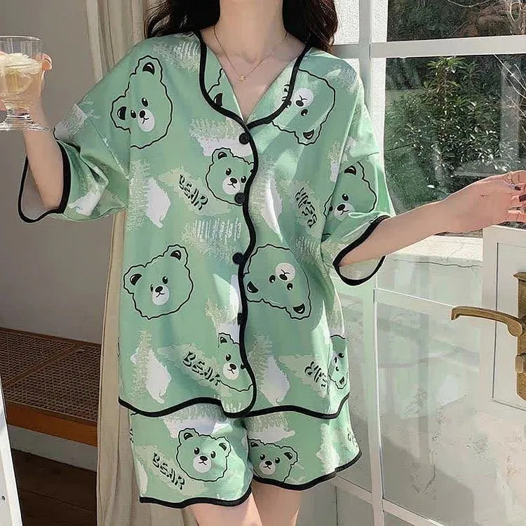 Cartoon Bear Cloud Letter Print Home Pajamas Set