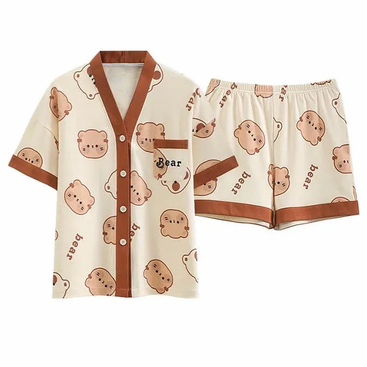 Cartoon Bear Cloud Letter Print Home Pajamas Set