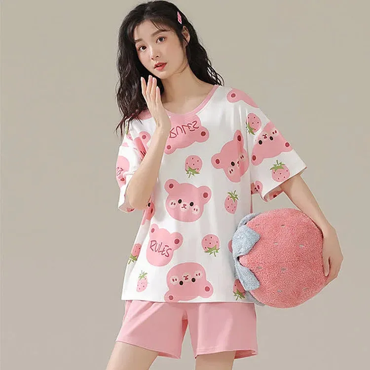 Cartoon Bear Strawberry Letter Print Summer Cotton Pajamas Set